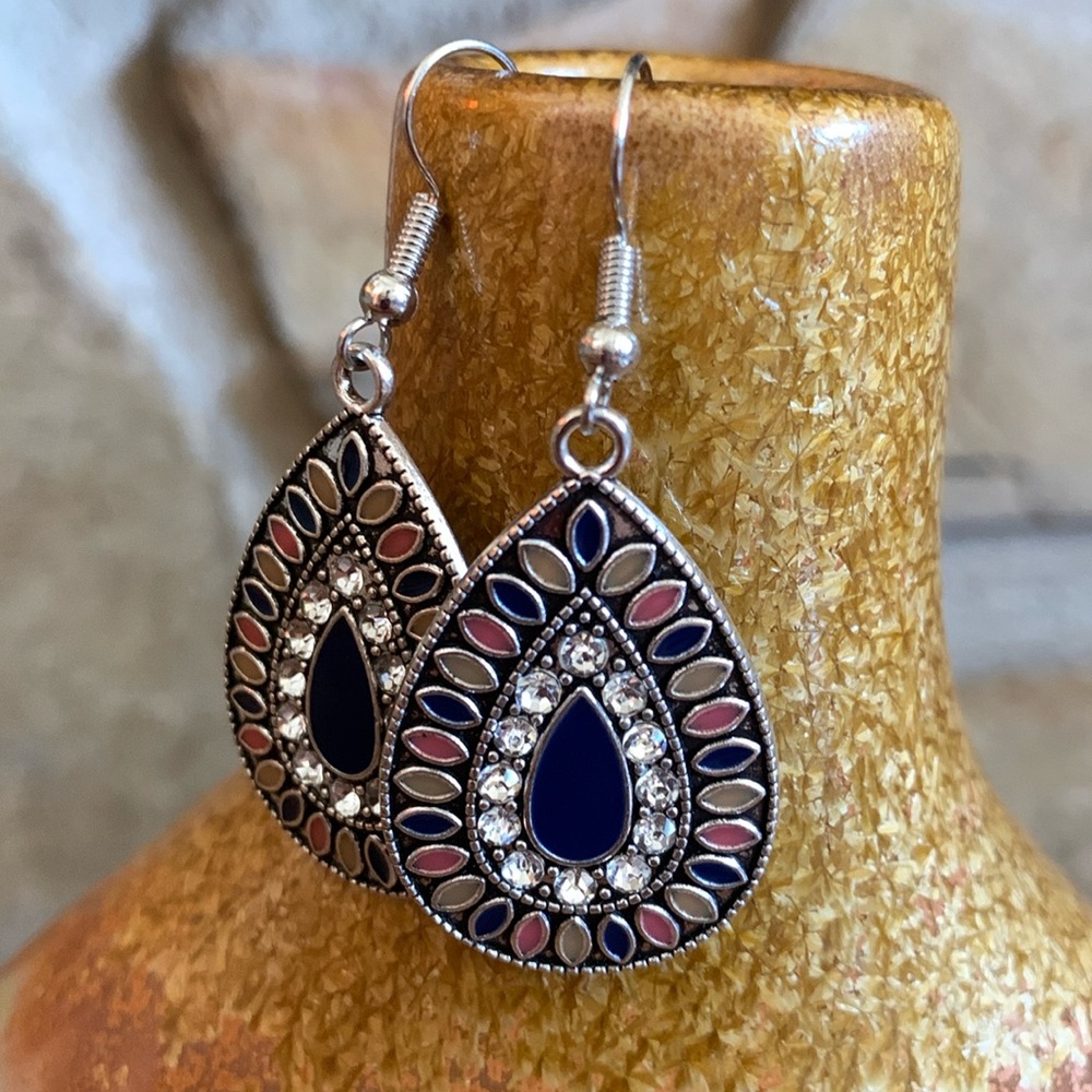 BOHO Teardrop Earrings with Rhinestones-Navy Blue